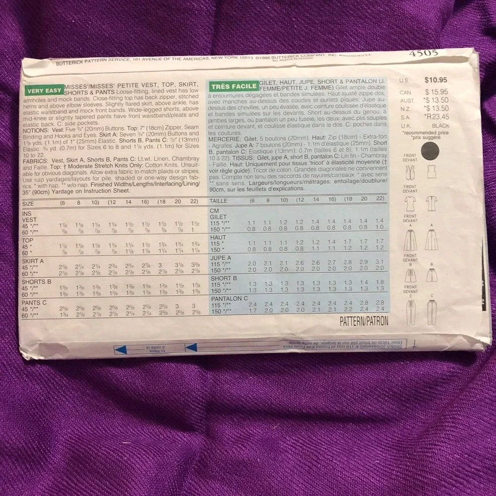 Butterick 4505 skirt vest pants pattern